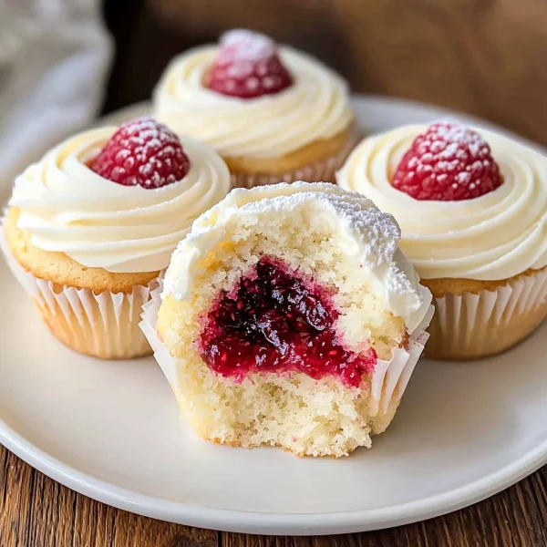 Almond Wedding Cake Cupcakes with Raspberry Filling