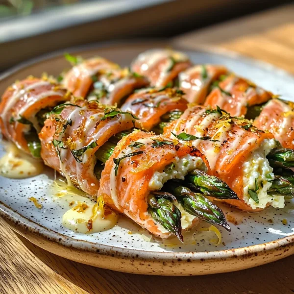 Asparagus and Lemon Basil Ricotta Stuffed Salmon Rolls with Lemon Sauce