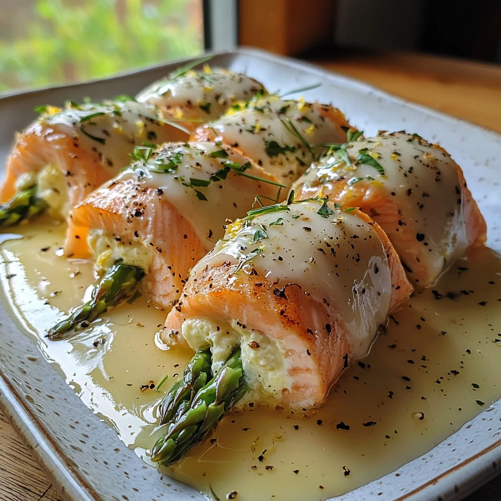 Asparagus and Lemon Basil Ricotta Stuffed Salmon Rolls with Lemon Sauce image 2