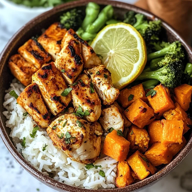 Healthy Chicken & Sweet Potato Rice Bowl with Lemon and Veggies