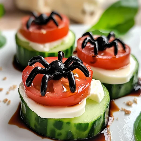 Keto Halloween Spider Caprese Cucumber Bites