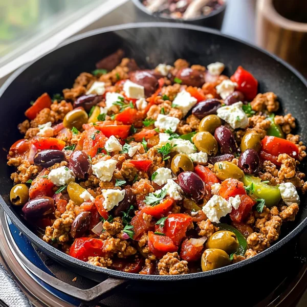 Mediterranean Keto Ground Chicken Skillet with Olives and Feta