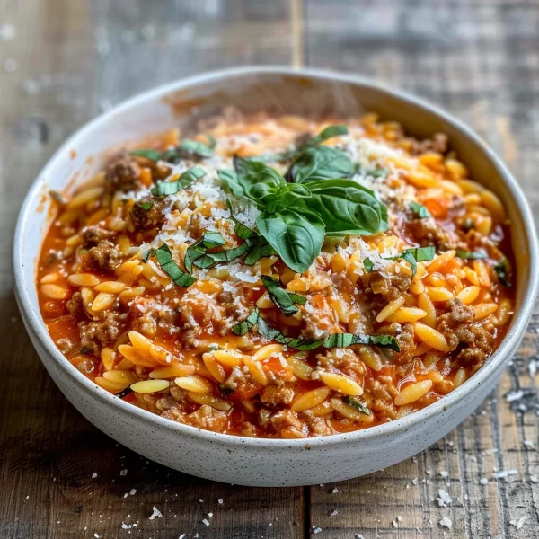 Ground Beef Orzo with Tomato Cream Sauce and Fresh Basil