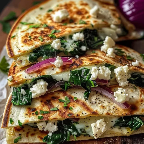 Mediterranean Quesadillas with Spinach Feta Mozzarella and Red Onion