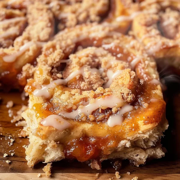 Peach Cobbler Cinnamon Rolls with Crumb Topping