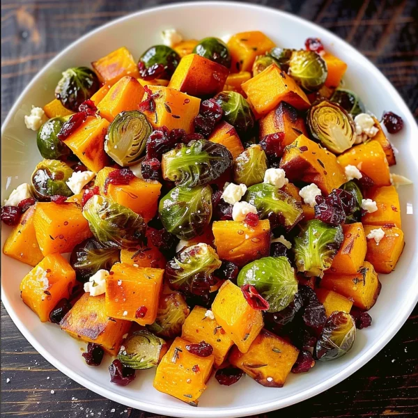 Cranberry-Glazed Roasted Butternut Squash, Brussels Sprouts, and Sweet Potato Salad