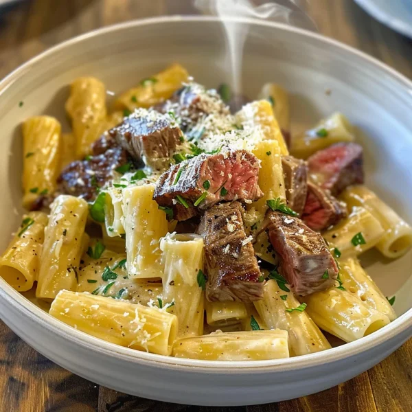 Garlic Butter Steak Tips with Cheesy Rigatoni