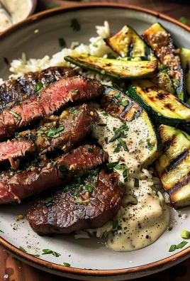 Grilled Steak Bowl with Creamy Sauce & Grilled Zucchini