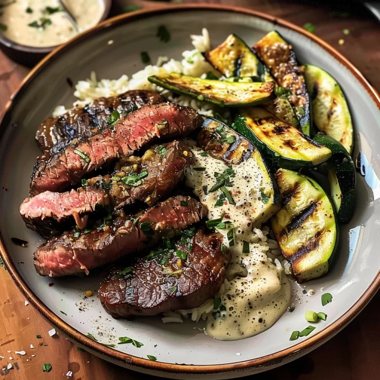Grilled Steak Bowl with Creamy Sauce & Grilled Zucchini