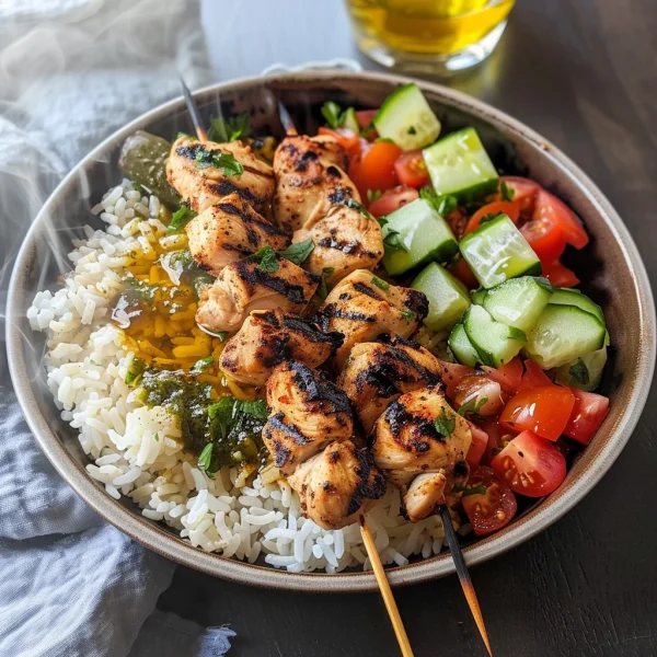 Mediterranean Bowl with Grilled Chicken Tawook Skewers
