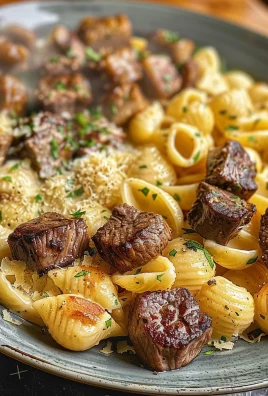Steak Bites and Shell Pasta in Garlic Butter Alfredo Sauce