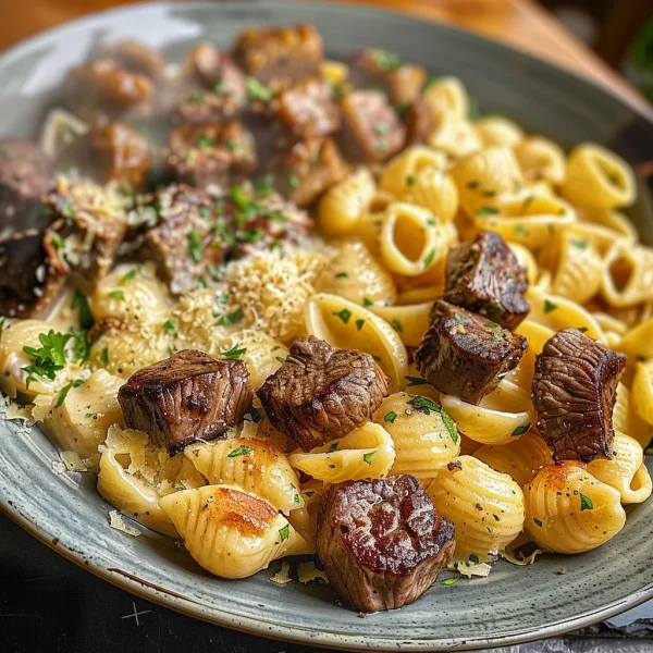 Steak Bites and Shell Pasta in Garlic Butter Alfredo Sauce
