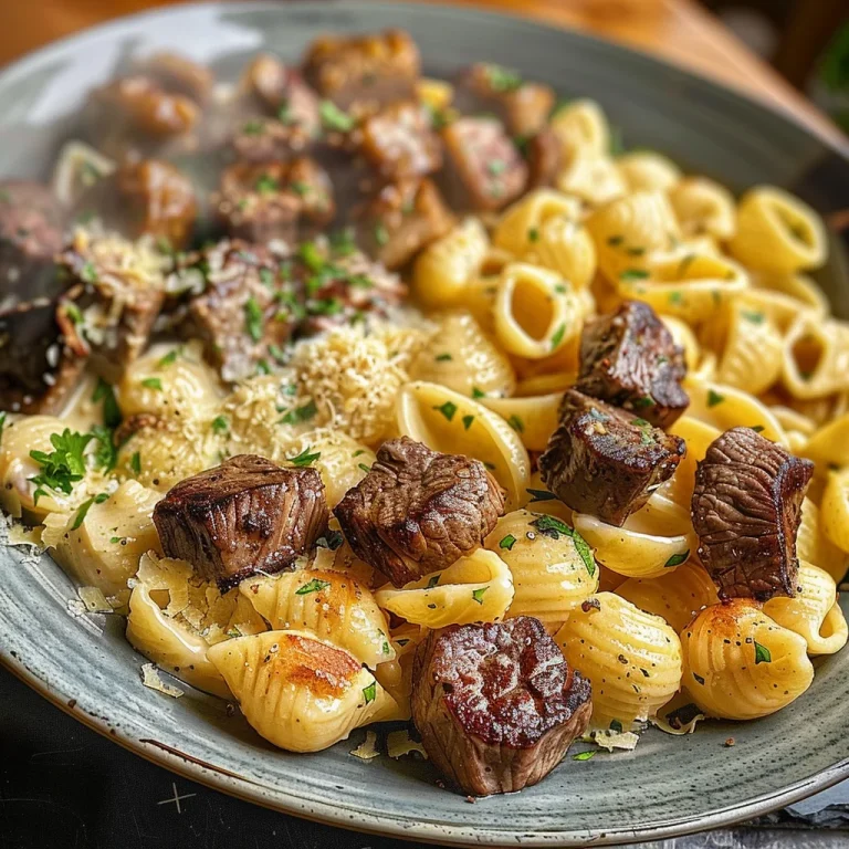 Steak Bites and Shell Pasta in Garlic Butter Alfredo Sauce