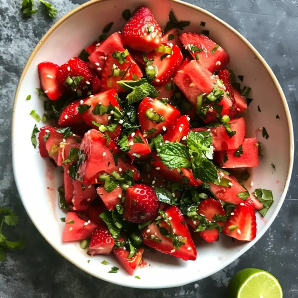 Watermelon Salad With Strawberries & Honey Lime Dressing