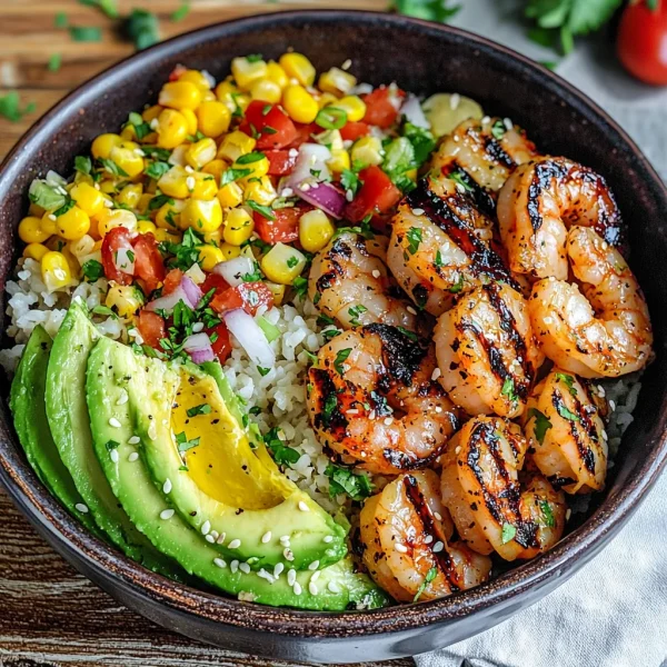 Grilled Shrimp Bowl with Avocado, Corn Salsa & Creamy Garlic Sauce