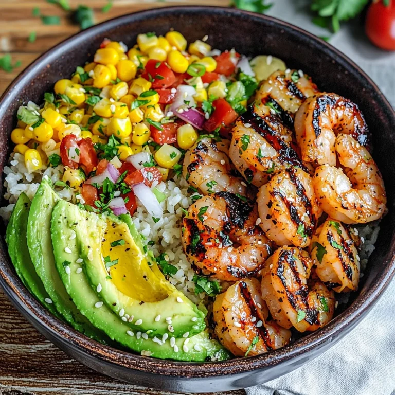 Grilled Shrimp Bowl with Avocado, Corn Salsa & Creamy Garlic Sauce