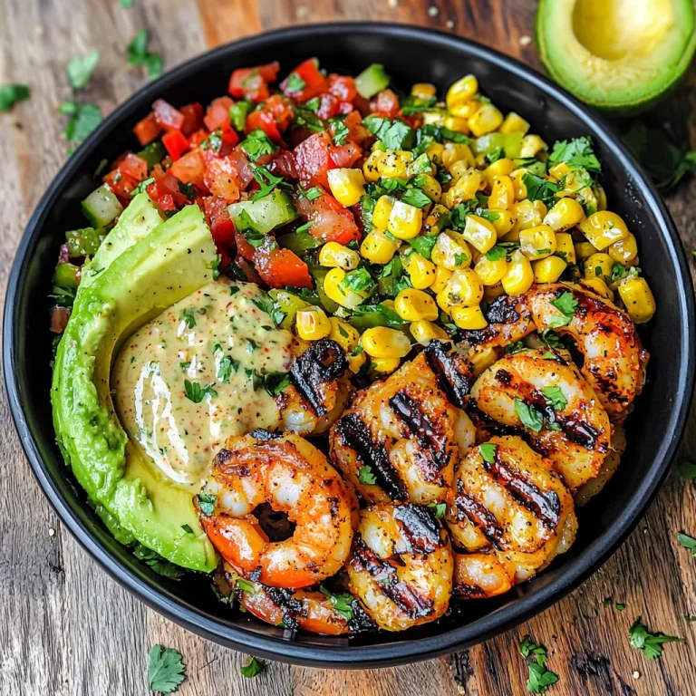 Grilled Shrimp Bowl with Avocado, Corn Salsa & Creamy Sauce